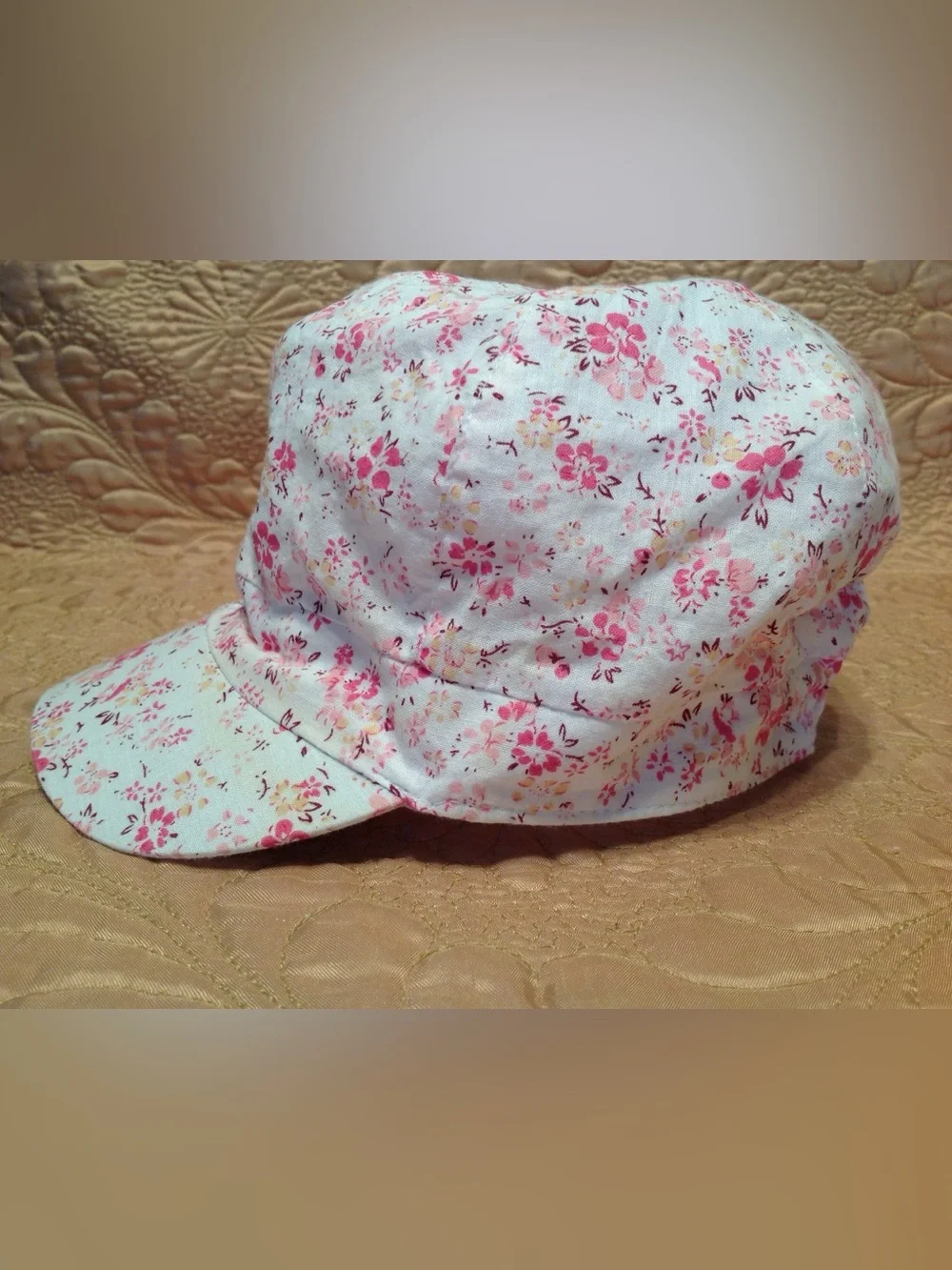 Floral Newsboy Cap White Pink Cottagecore Baker Boy Hat One Size